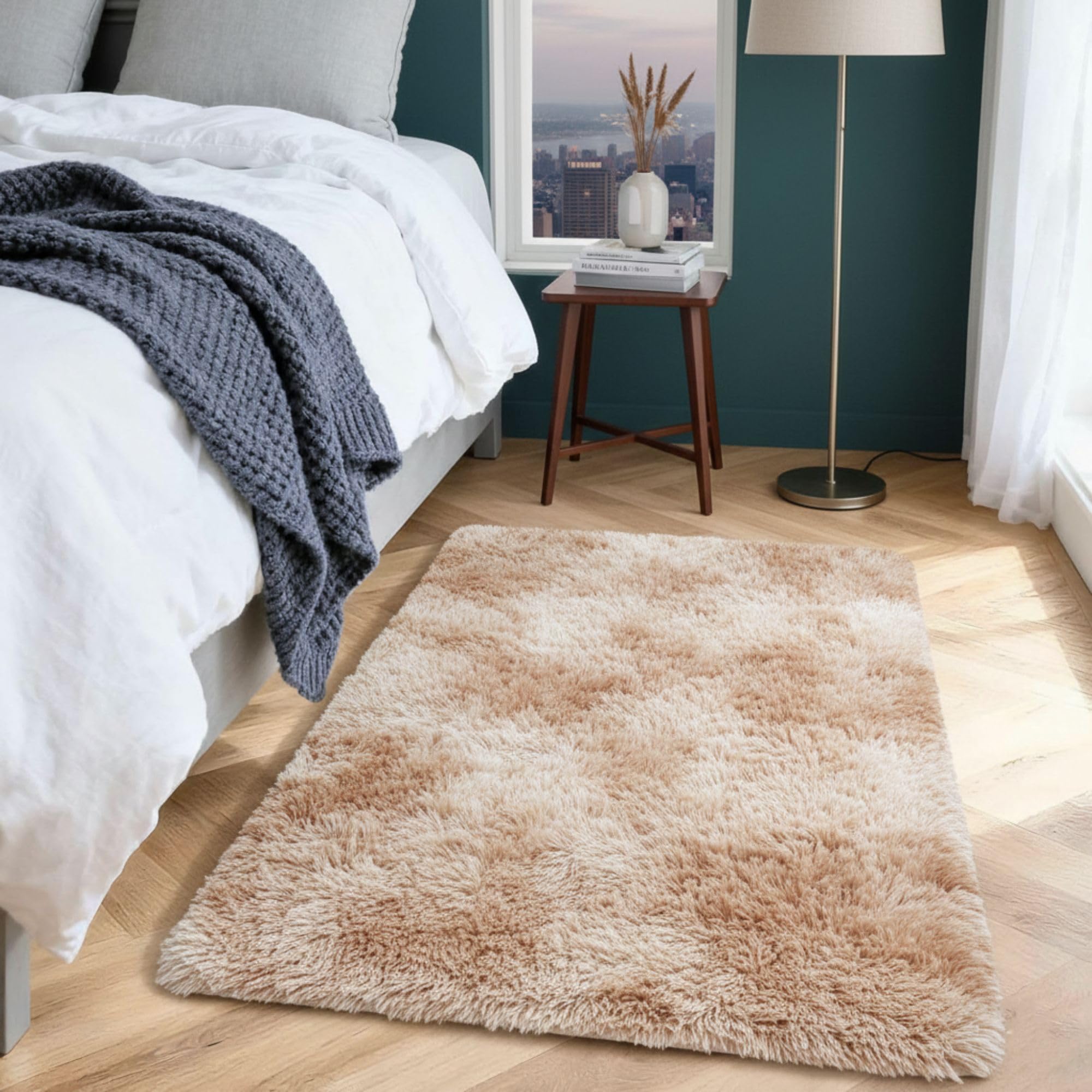 Aspire Homeware Rugs Living Room 60 x 110 cm – Tie-Dye Beige Area Rugs for Bedroom Anti Slip - Modern Super Soft Plush Floor Carpets for Lounge – Fluffy Shaggy Bedside Runner Rug for Kids Room — image 1