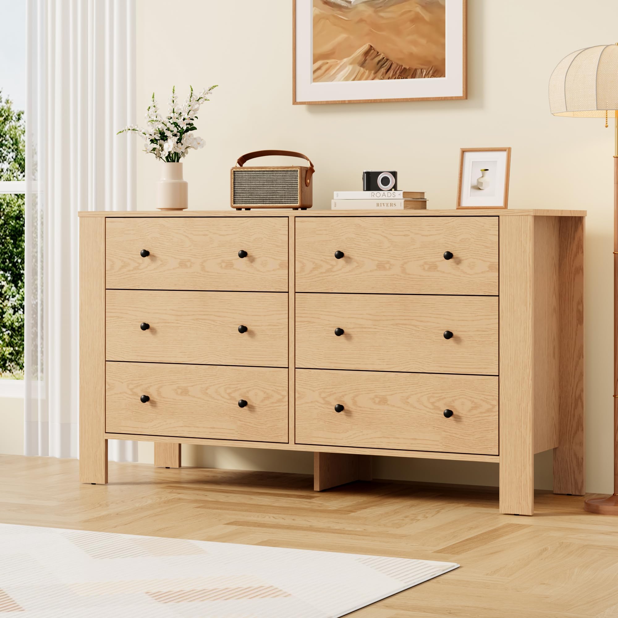 Photo 1 of GarveeHome Natural Oak 6 Drawer Dresser for Bedroom, Modern Wide Dresser Organizer with Storage Drawers, Wooden Chests of Drawers for Bedroom, Entryway, Hallway, Home Office