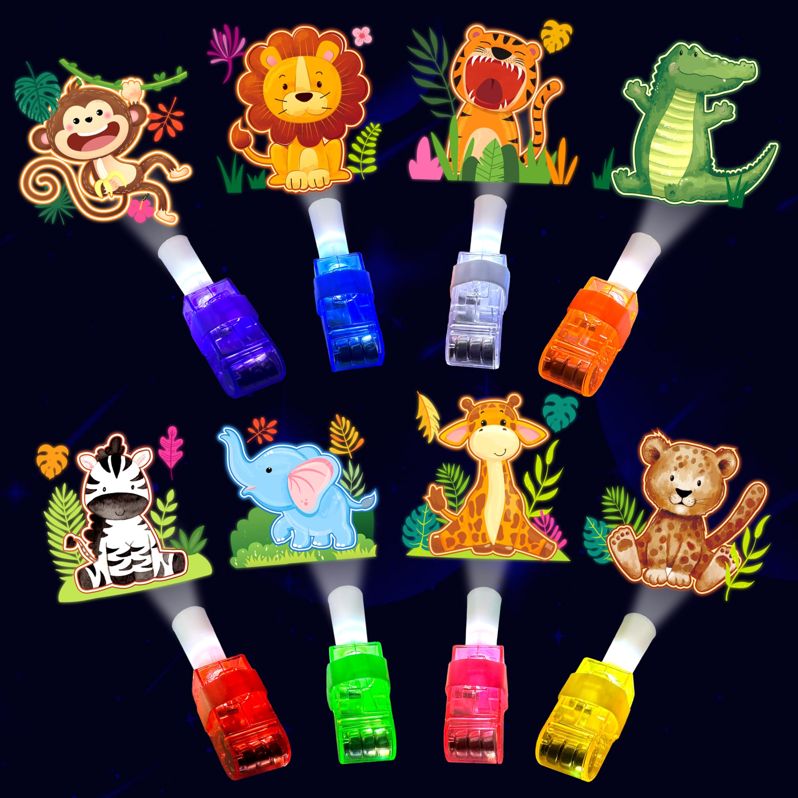 POPOOO 24PCS Jungle Safari Party Favors-LED Finger Lights：Glow-in-the-Dark Light-Up Toys Bulk for Kids,Animal Theme Birthday Party Decorations Supplies, Party Goodie Bags, Classroom Prizes, Fun Gifts