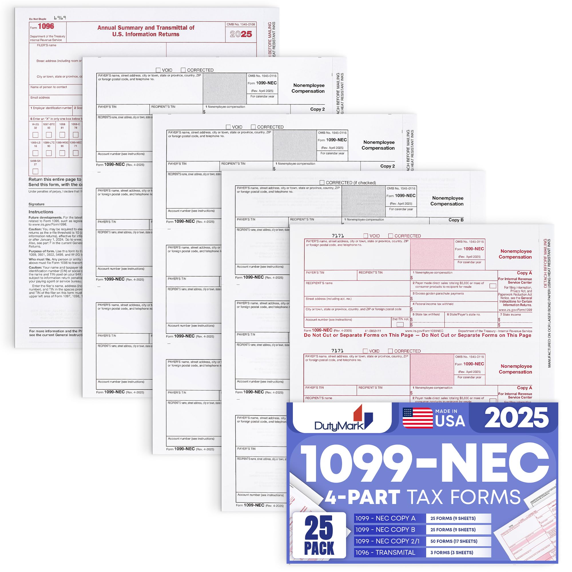 Photo 1 of 1099 NEC Forms 2025 4 Part Tax Forms Kit of Laser Forms, Compatible with QuickBooks and Accounting, 25 Pack, Software and Envelopes NOT Included, Made in The USA