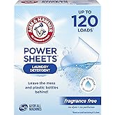 ARM & HAMMER Power Sheets Laundry Detergent, Fragrance Free, No Dyes or Perfumes, Lightweight and Travel-Friendly, 60 Count, Up to 120 Small Loads