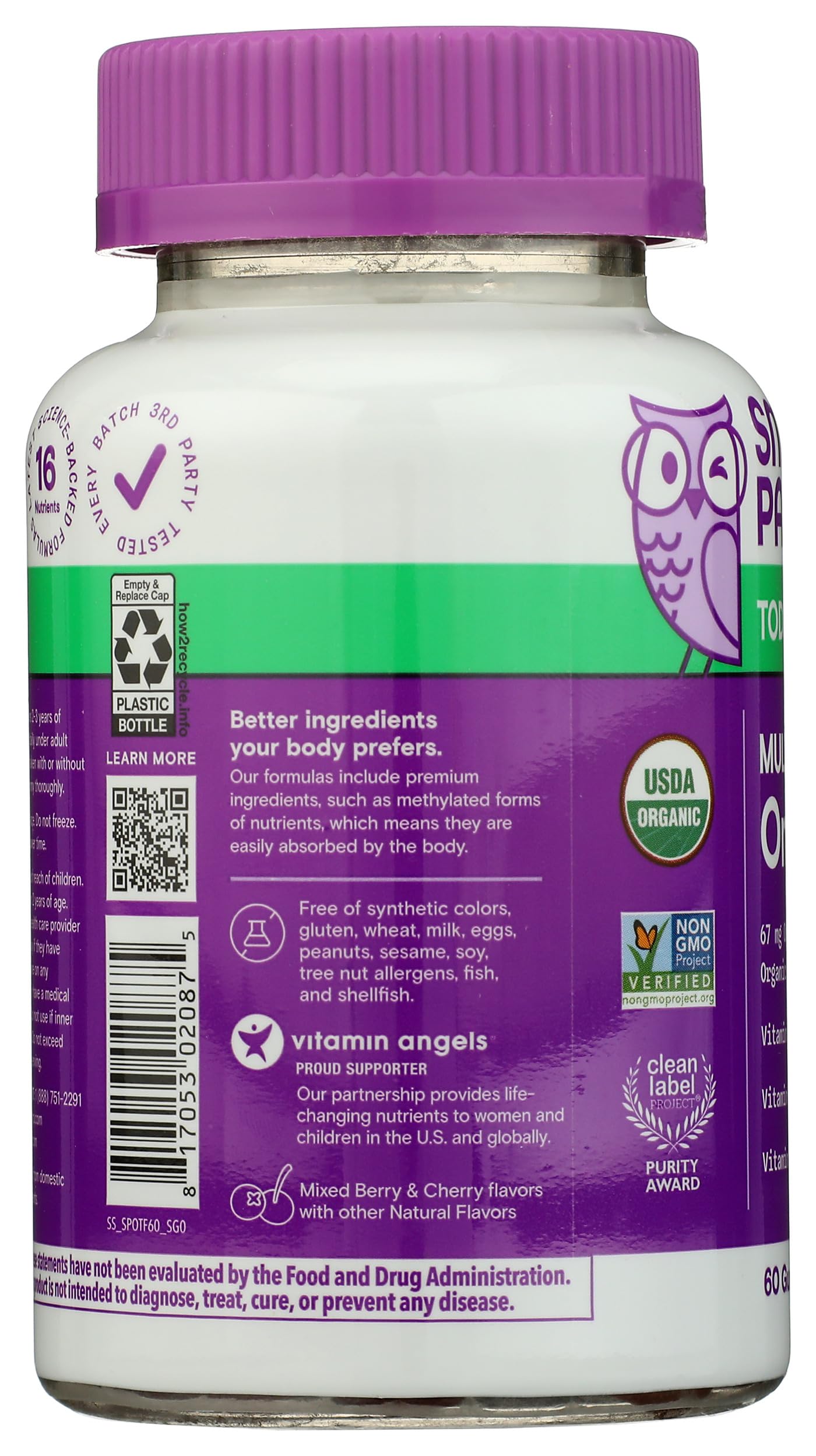 SmartyPants Organic Toddler Multivitamin Gummies: Probiotics, Omega 3 (ALA), Vitamin D3, C, Vitamin B12, B6, A, K & Zinc, Beta Carotene, Gluten Free, Three Fruit Flavors, 60 Count (30 Day Supply)
