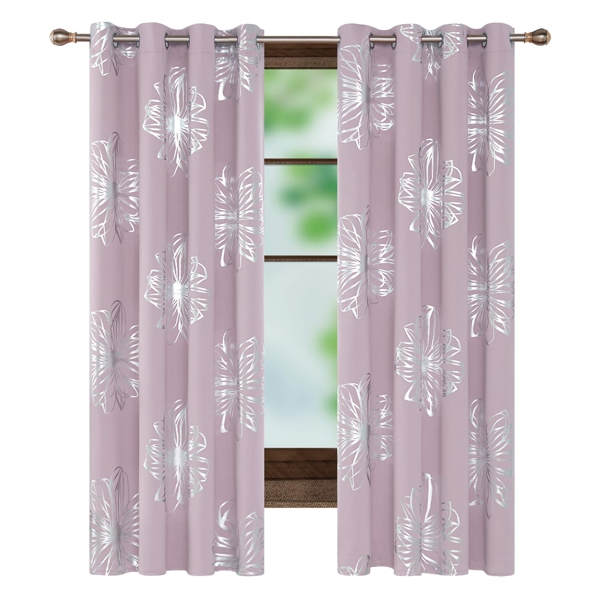 Deconovo Blackout Curtains Foil Print Floral Thermal Insulated Drapes, Room Darkening Grommet Blackout Window Treatments for Living Room, Lavender, 52 * 72 Inch, 2 Panels