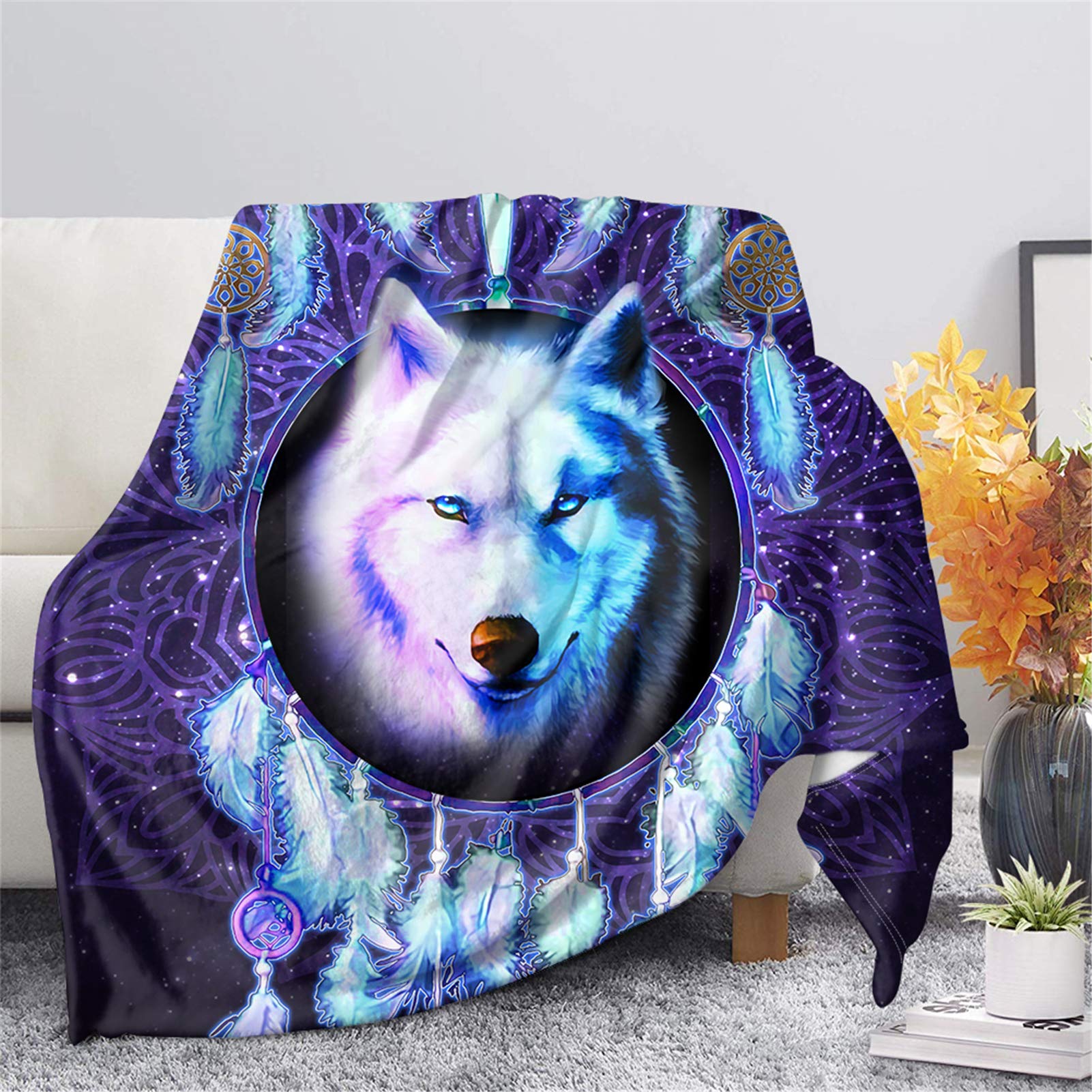 Biyejit Dream Catcher Wolf Print Fleece Throw Blankets for Couch Sofa Bedroom Bed Decorative Throws Blankets