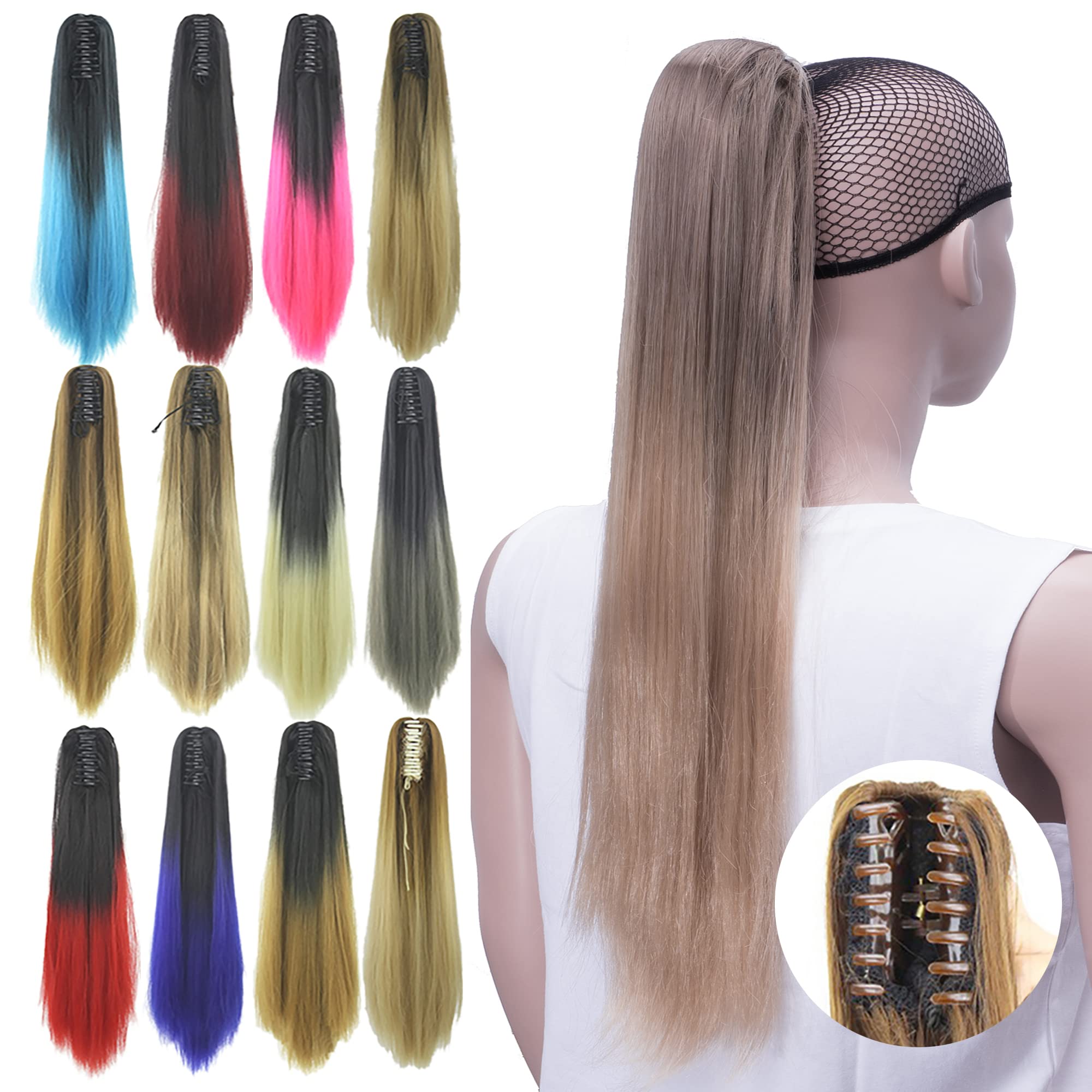 IMISSU Straight Clip on Hairpiece Extensions Pony Tail Clip Claw Ombre Ponytail Hair Pieces (Ombre Light Brown)