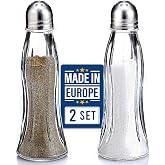 Salt and Pepper Shakers Glass Set, Clear Curved Design, Classic Restaurant Style, Glass Body with Stainless Steel Lids, 4.7 in