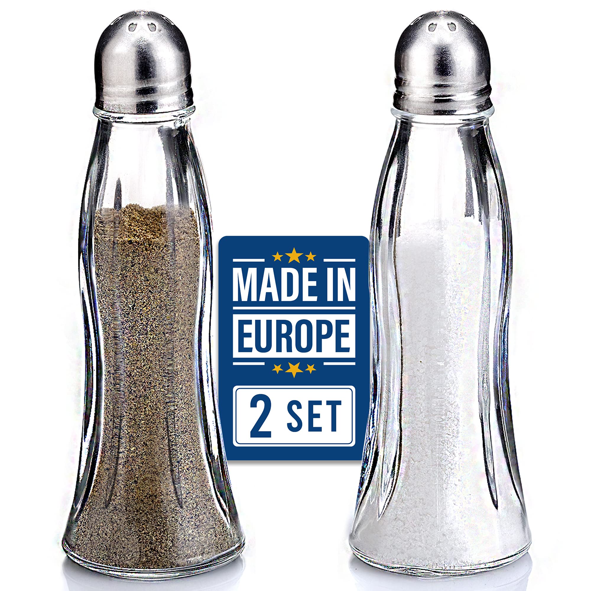 CRYSTALIA Premium Quality Glass Salt and Pepper Pots, 100% Lead Free Glass Salt and Pepper Shakers Set with Stainless Steel Lids, Salt Shaker Table Set, Pepper Shaker