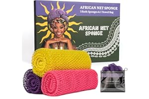 Bathway African Net Sponge Authentic 3 Pieces with Storage Bag, African Exfoliating Net Sponge Washcloth, Exfoliating Body Scrubber Bath Sponge Bathing Accessories (Rose, Purple, Bright Yellow)