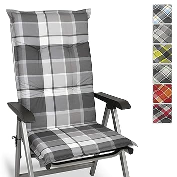 Beautissu Sunny GK Hochlehner Auflage für Gartenstuhl 120x50 cm in Grau Kariert - Bequemes Sitzkissen Polsterauflage UV-Licht