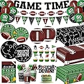 Football Party Supplies Kit Serve 24,Touchdown Plates,Napkins,Tablecloth,Banner,Balloon Football Birthday Party Decorations Tableware Set for Game Day Tailgate Decor