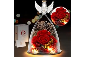 RIANEAN Mothers Day Rose Gifts for Mom, 4 Red Roses in Glass Angel Figurines with LED Light for Grandma, Mom gifts from Daughter, Ideal Mother's Day, Birthday Gifts for Women, Preserved Flower Gifts for Her