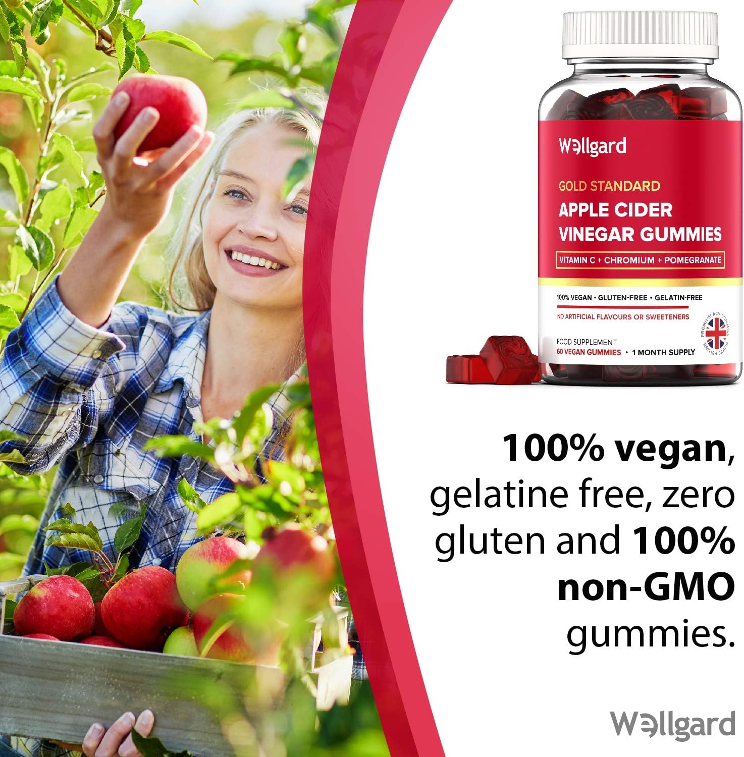 Wellgard Vegan Apple Cider Vinegar Gummies, Gold Standard 1000mg ACV Gummies with Vitamin C, Chromium and Pomegranate - Image 4