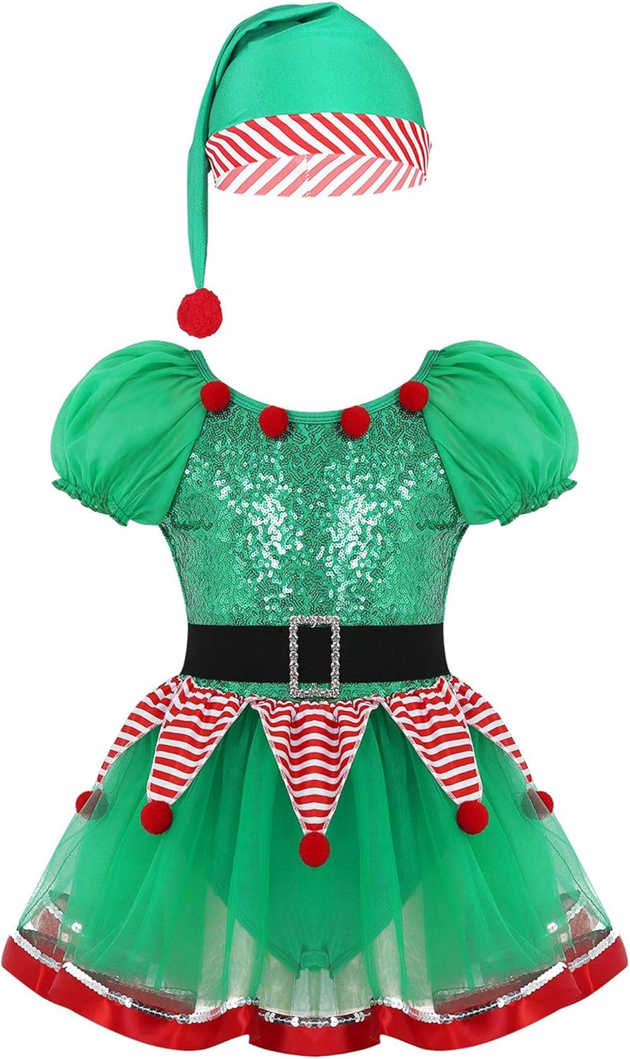 YiZYiF Children Girls Christmas Elf Costume Holiday Party Sequin Cosplay Dress Festive Suits 