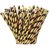 ALINK Black Gold Paper Straws, Pack of 100 Biodegradable Metallic oil Gold Striped Disposable Straws for Birthday, Wedding, Bridal/Baby Shower, Christmas Decorations and Party Supplies