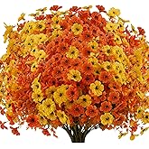Artificial Mums Fall Fake Flowers for Outdoors, 12 Bundles Faux Mums for Outdoor Planters Decorations,UV Resistant Silk Flowers Plastic Plants for Front Porch Garden Patio Home Decor (F-Orange Yellow)