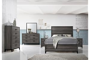 Kings Brand Furniture – Ambroise 6-Piece Queen Size Bedroom Set, Grey/Black. Bed, Dresser, Mirror, Chest & 2 Night Stands