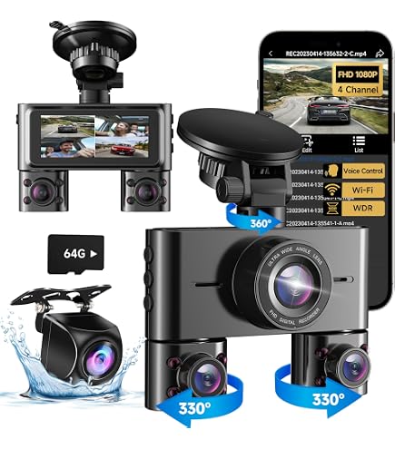 Inefala - Dashcam 4 Canaux WiFi 2K | Caméra Avant + Arrière + Côtés | Carte SD 64G Incluse, Vision Nocturne, Détection De Chocs
