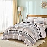 Dintszyayue Quilt Queen Size Khaki Grey, 3 Pieces Boho Striped Bedspread Bedding for Queen Size Bed, Soft Lightweight Microfiber Bohemian Coverlet Set for All Season Quilts with 2 Pillowcases