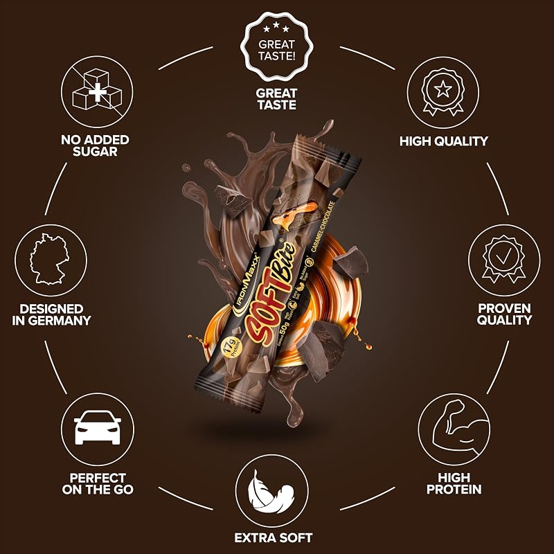 Barra de Proteína SoftBite Chocolate Caramel, 12 × 50 g – Textura extra suave, rica em proteína e fibra, sem açúcares adicionados, ideal para consumir com o uso