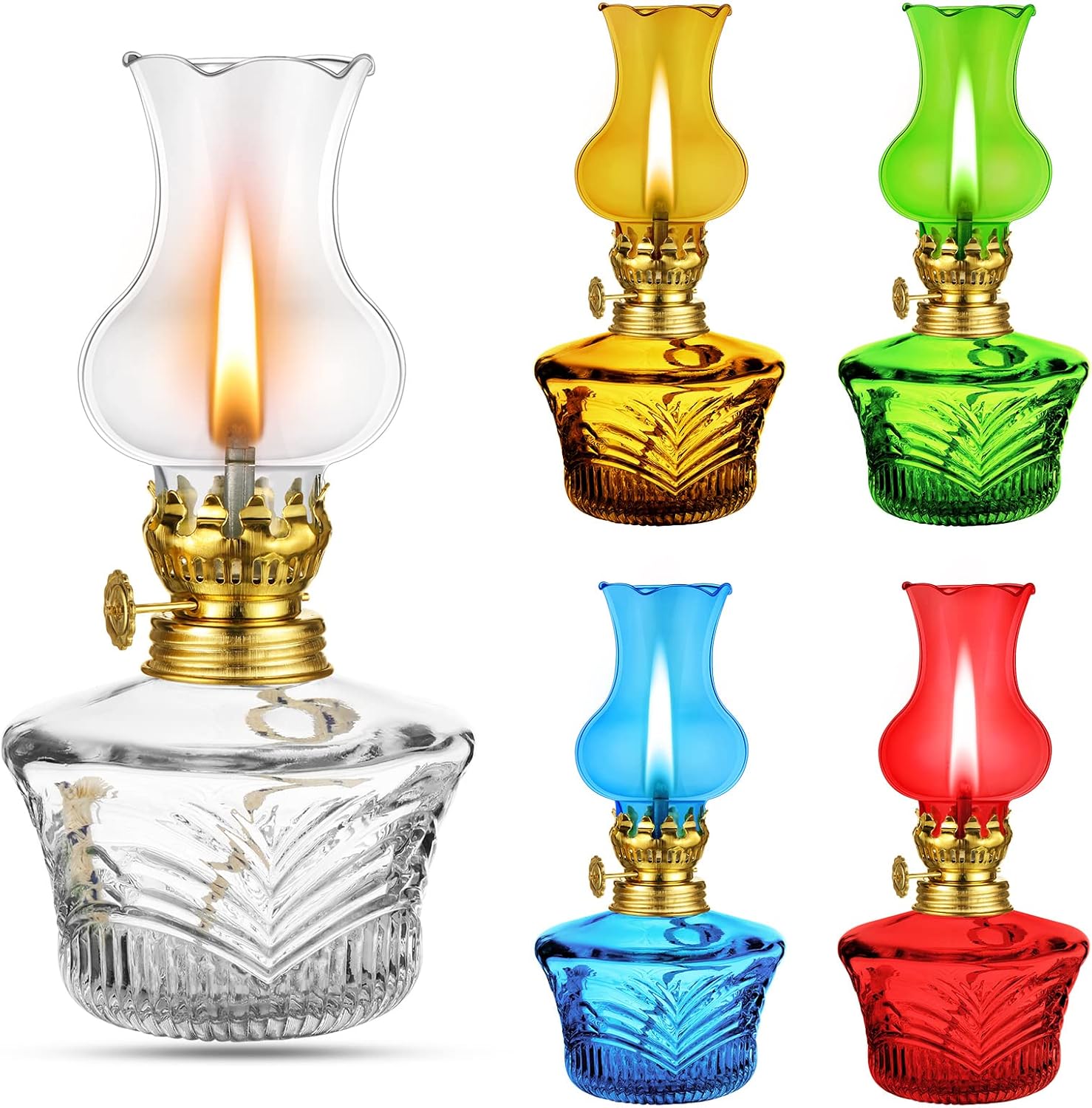 Oil Lamps & Accessories - Kittmip 5 Pieces Chamber Oil Lamp for Indoor Use Clear Decorative Vintage Glass Kerosene Lamp Rustic Hurricane Kerosene Lantern for Home Tabletop Decor Emergency Lighting, 5 Colors