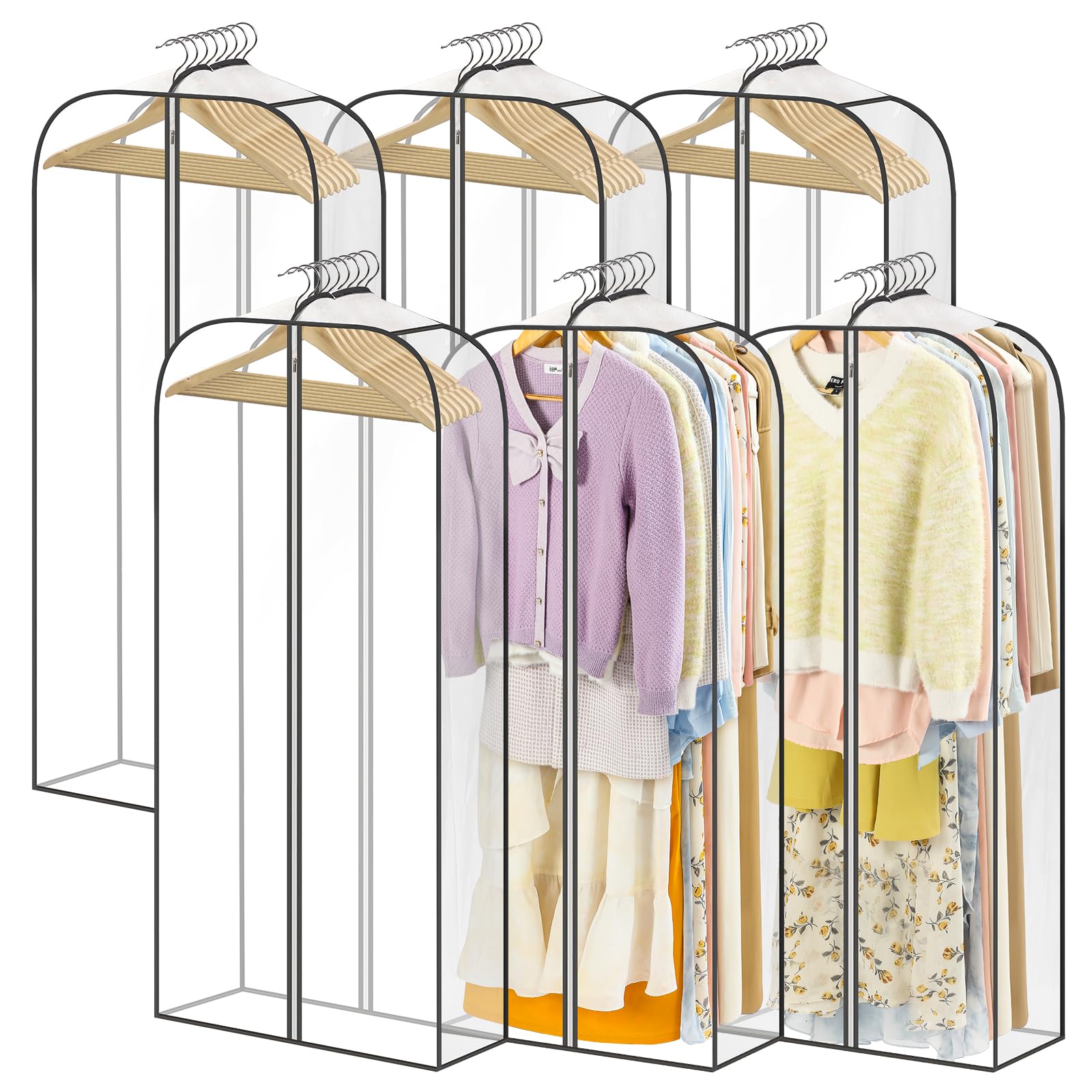 LANDNEOO 6 Pack Clear Garment Bags for Hanging Clothes with Zippers on Double Sides - 10'' Clothes Storage for Coat, Dress, and Fur in Closet - 50'' Long Suit Bags