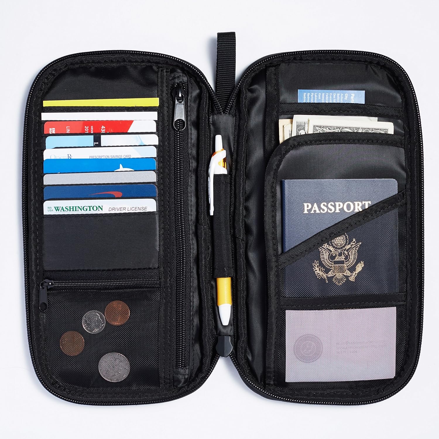 Amazon Basics RFID-blocking Passport Wallet, Passport Holder for Travel, 100% Nylon Material with Durable Zipper Closure, Zippered Pockets, Slots for Cards, 10