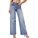 roswear Women's Wide Leg Jeans Casual High Waisted Stretchy Baggy Loose Long Trouser Jeans