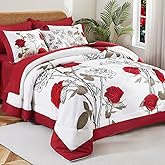 EVENHUG King Size Comforter Set 7 Pieces Red Rose Floral Bedding Sets for All Season Bed in a Bag with Flowers Comforter and Flat Sheet, Fitted Sheet, Pillowcases (104"x90")