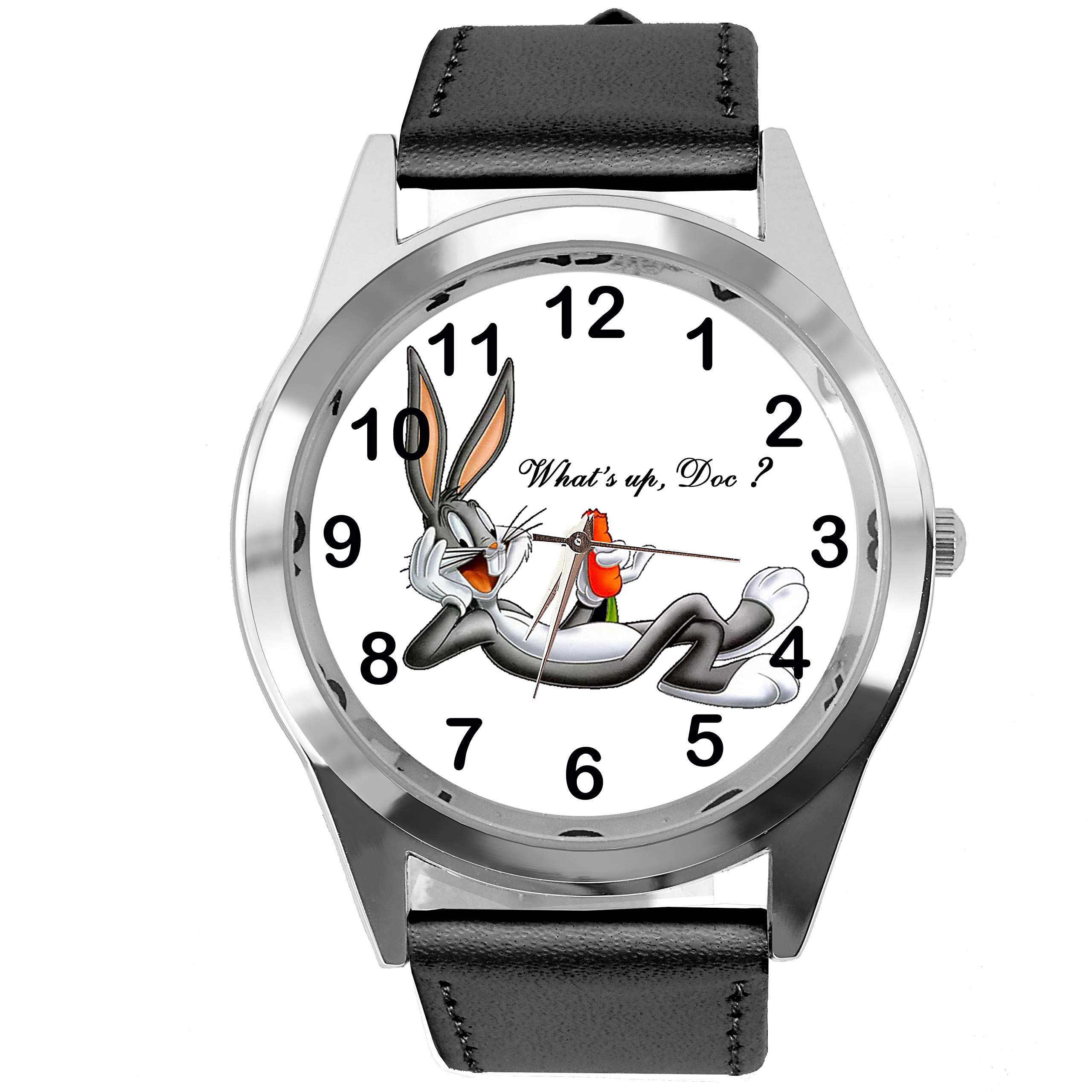 TAPORT Black Leather Round Quartz Watch for Bunny Fans