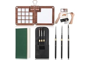 Glenmal 7 Pcs Portable Watercolor Palette with Clip Mini Watercolor Paper Sketchbook Travel Watercolor Brushes Set Wooden Color Palette Box 3 Round Artist Paint Brushes with Protective Case (15 Color)