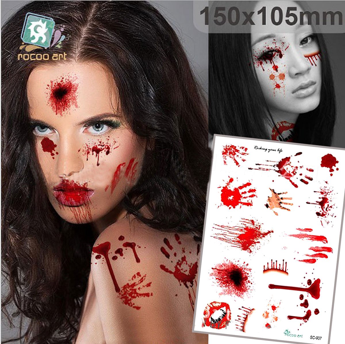 Blood Temporary Tattoo Stickers Horror Realistic Fake Wound Scab Scar for Cos Play Party Halloween,8pcs 8 patterns