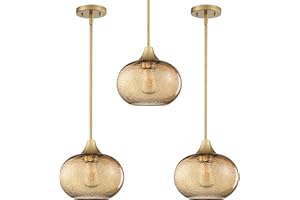 SEENMING HOUSE 1 Light Hanging Indoor Kitchen Island Pendant Ceiling Light Fixtures 7.7" Black Seeded Brownish Glass,Modern Farmhouse Dinning Over Sink (Amber Glass, Gold 3 Pack)