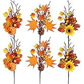 6 Pack Artificial Maple Leaves Branches Autumn Pumpkin Berry Twig Stem Orange Fall Stems Fake Artificial Flower Picks for Thanksgiving Christmas Harvest Festival Decoration DIY Floral Arrangements