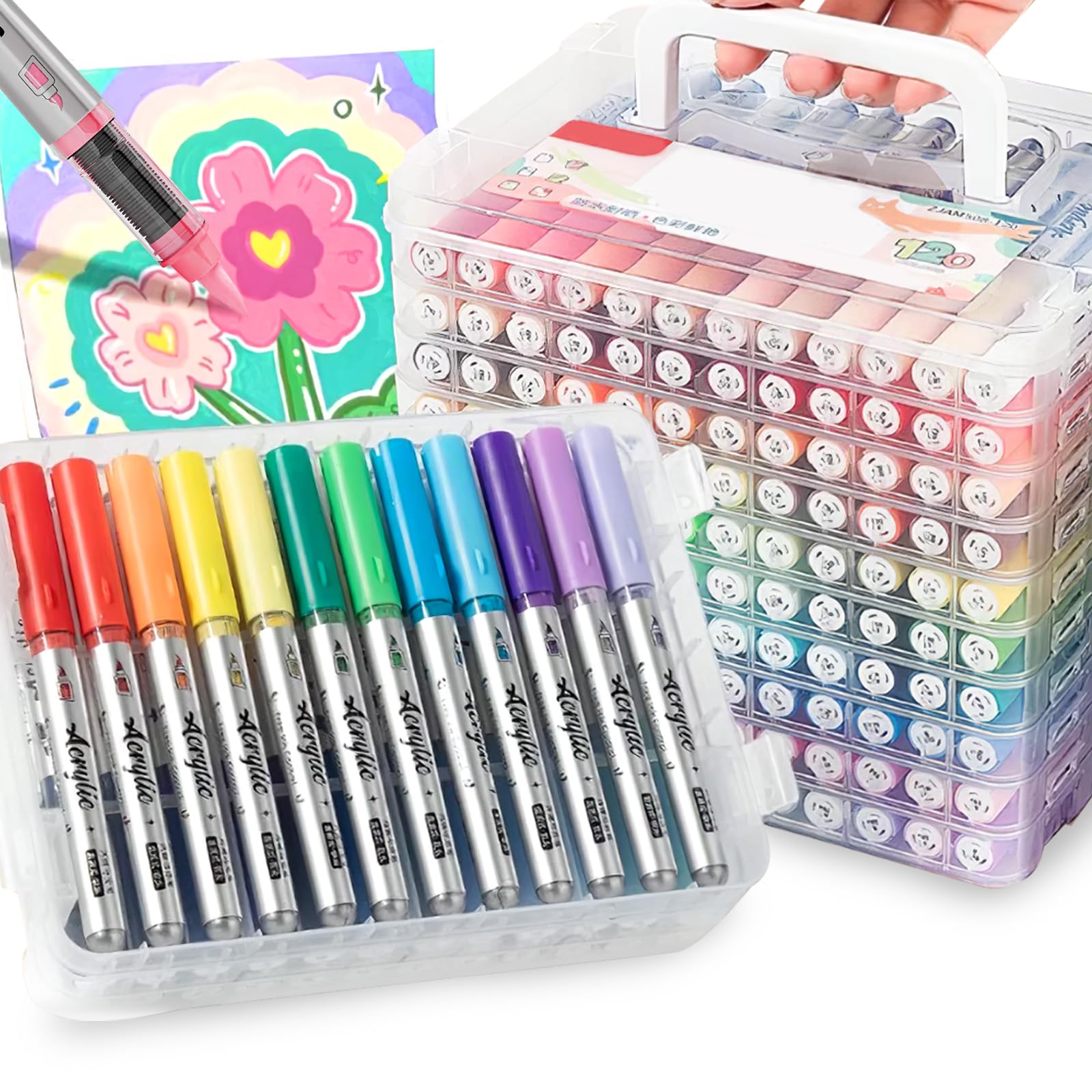 Photo 1 of Woomer 120 Colors Acrylic Marker Pens, Soft Brush Tip, No Bleed & High Opacity Paint Pens, Water-based Non-toxic Acrylic Marker for Wood, Fabric, Rock, Glass, DIY Crafts Gift