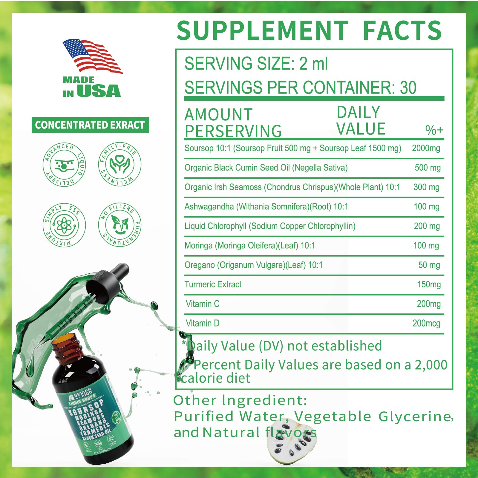Soursop Bitters Liquid Drops 10 in 1 with Sea Moss, Moringa, Turmeric, Black Seed Oil, Oregano, Ashwagandha | Herbal Extracts for Overall Health-Enhancing | Vegan, Non-GMO | 2 Fl Oz