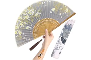 OMyFans Hand Fan for Women Foldable - Folding Chinese Japanese Vintage Bamboo Silk Fan - Ideal for Hot Flashes, Church, EDM, Festivals, Dancing and Gifts (Sakura-Gray)