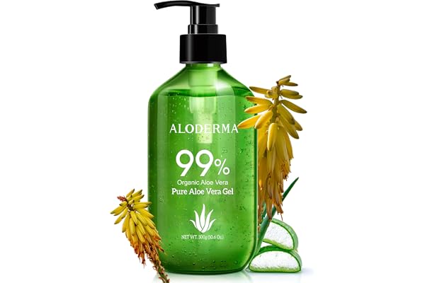 Aloderma 99% Organic Aloe Vera Gel for Skin Made within 12 Hours of Harvest, Non-Sticky Aloe Vera Gel for Sunburn Relief, Nat