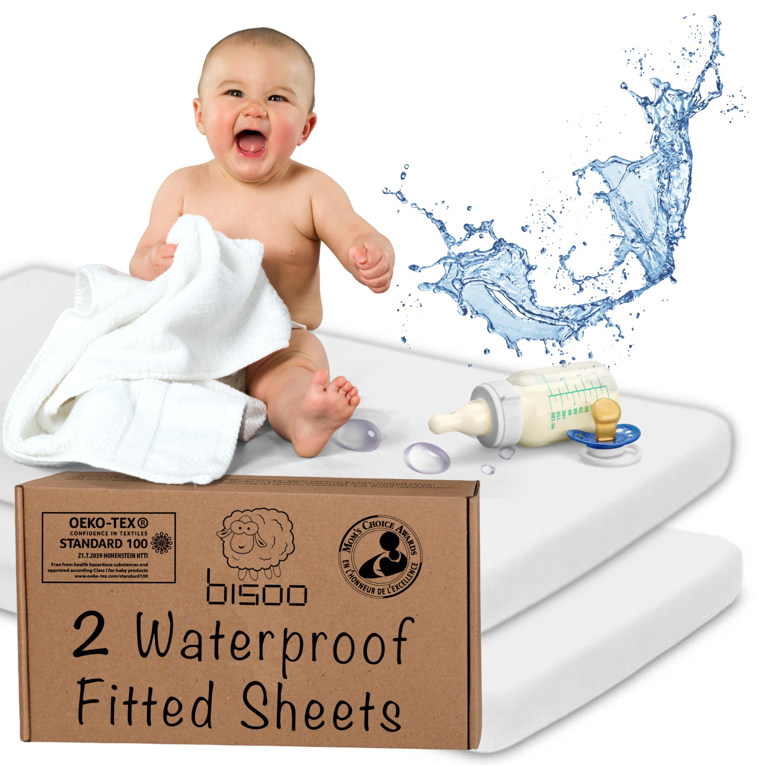 Bisoo Crib Sheets Waterproof - Set of 2 White Fitted Sheet Mattress tector Made 100% Jersey Oeko-Tex + PU 22x36 / 55x90 cm - Bedside Crib & Co-sleeping Compatible