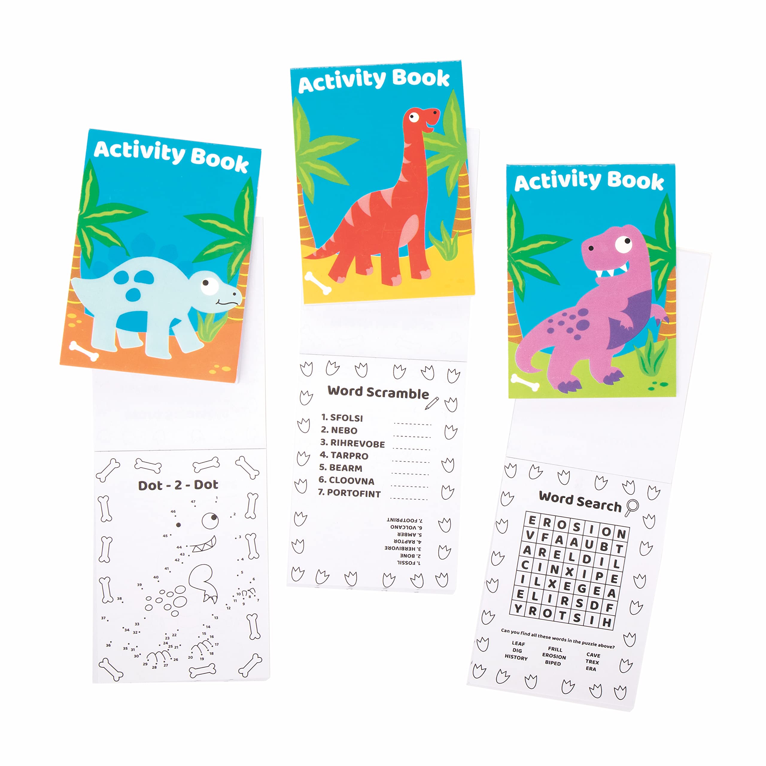 Baker Ross FE530 Dinosaur Mini Actvity Books - Pack of 12, Includes Puzzles, Stickers, Dot to Dot and Colouring Pages for Kids