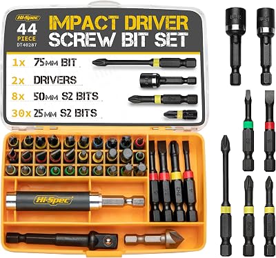Hi-Spec 44pc Impact Drill Driver Bit Set 1/4 Hex S2 Tips & Nut Drivers