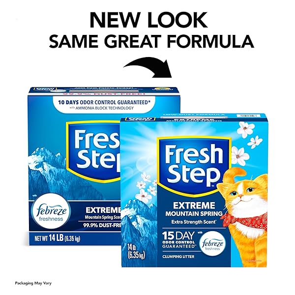 FRESH STEP EXTREME CLUMPING LITTER WITH FEBREZE FRESHNESS, MOUNTAIN SPRING SCENT CLUMPING CAT LITTER WITH GUARANTEED ODOR CONTROL, 14 LB. BOX
