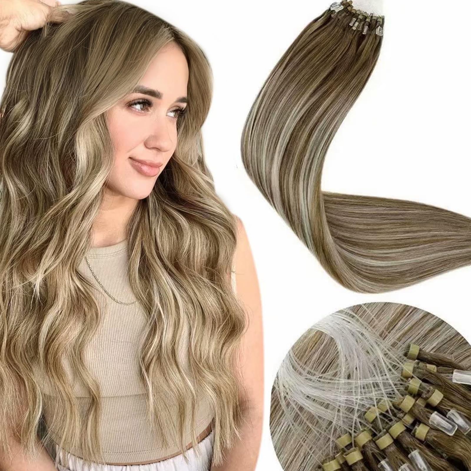 LaaVoo Micro Ring Hair Extensions Real Human Hair Blonde Remy Straight Balayage Light Brown to White Blonde Invisible Micro Beads Hair Extensions 50g 50s 18 Inch #8/60/8