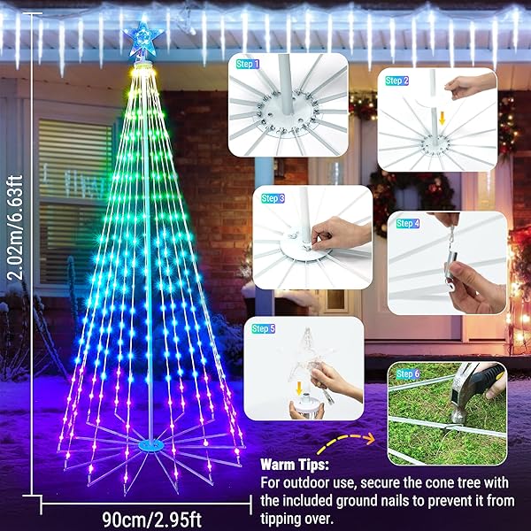 BRIZLED SMART RGB CHRISTMAS CONE TREE, 6.5FT 295 LED LIGHTED CHRISTMAS TREE APP CONTROL, COLOR CHANGING OUTDOOR CHRISTMAS TREE WITH LIGHTS, PRELIT XMAS TREE MUSIC SYNC WATERPROOF FOR INDOOR OUTDOOR