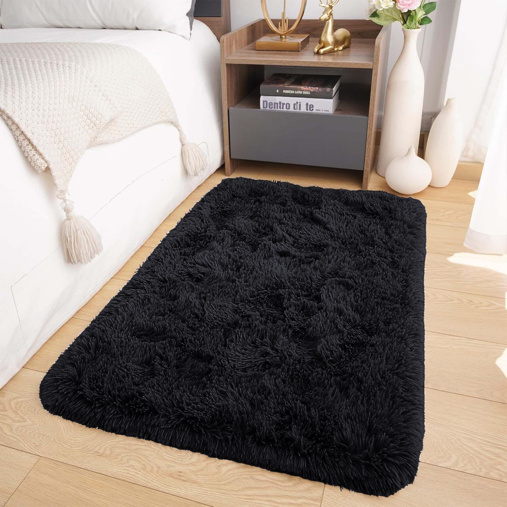 Oxford Homeware Rugs Living Room Small 50x80 cm – Fluffy Shaggy Black Area Rugs for Bedroom, Lounge – Super Soft Non Slip Rug Washable Modern Floor Carpets Bedside Rug for Kids Room