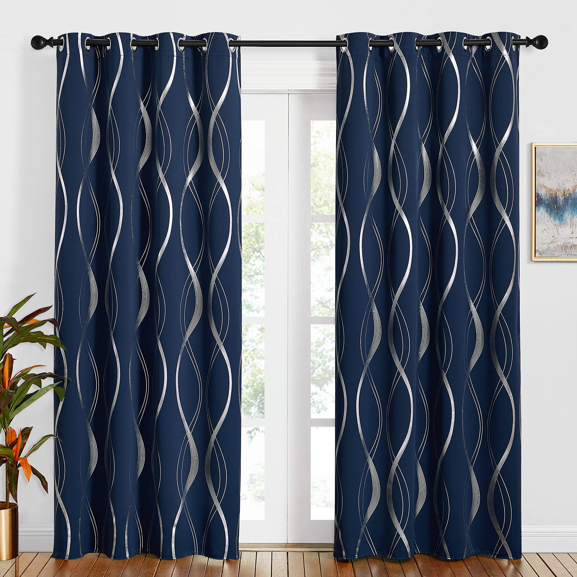 PONY DANCE Blackout Navy Curtains - 52 x 84 Inch, Eyelet Curtains for Bedroom & Living Room, Thermal Insulated Silver Wave Line Foil Printed Window Blackout Curtains, 2 Panels