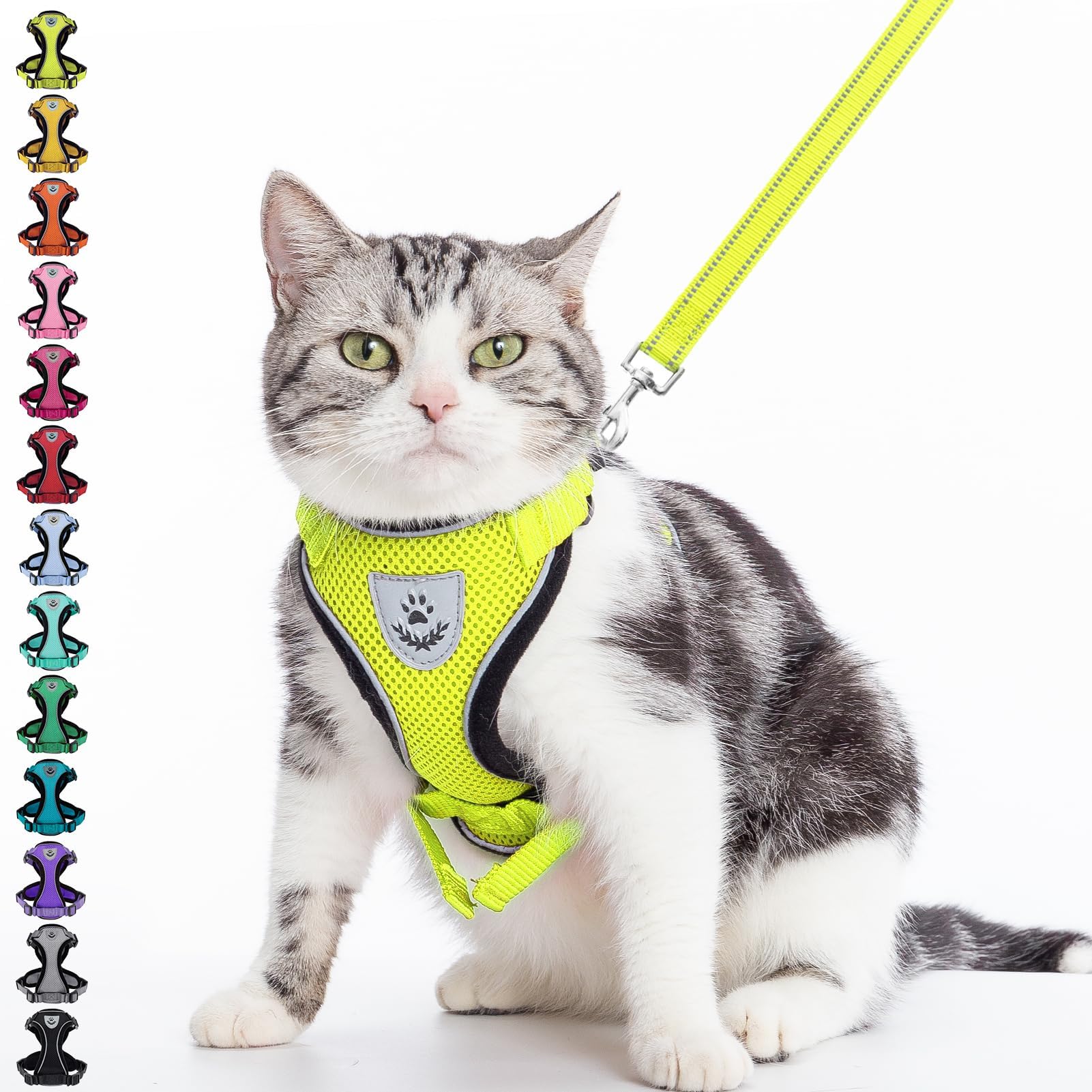 Photo 1 of PUPTECK Cat Harness and Leash Set Escape Proof Reflective Cat Walking Harness Adjustable Soft Breathable Mesh Vest for Small Pets, Fluorescent Yellow, M