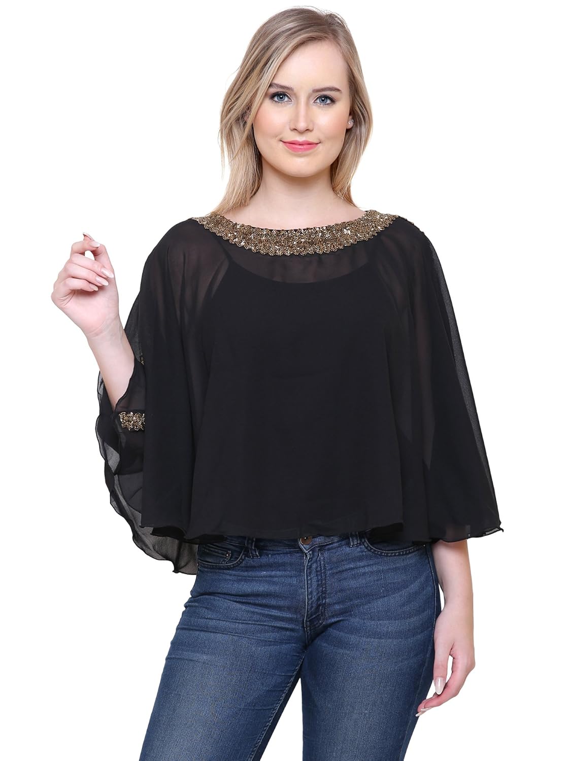 matelco women's georgette stylish poncho top with beads embroidery (ad006wh013_white)