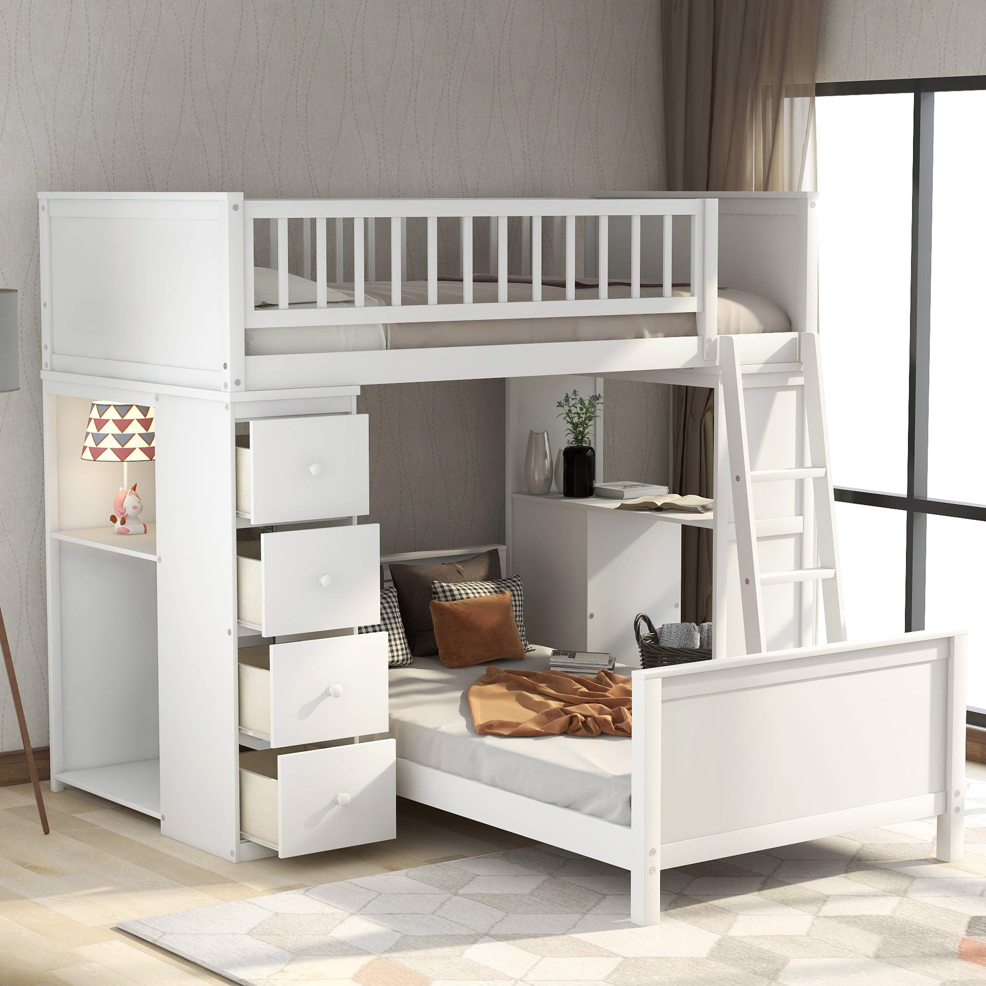 Buy Bunk Beds, Twin Over Twin Bunk Bed Frame, Twin Size Loft Bed with Down Bed, 4 Storage