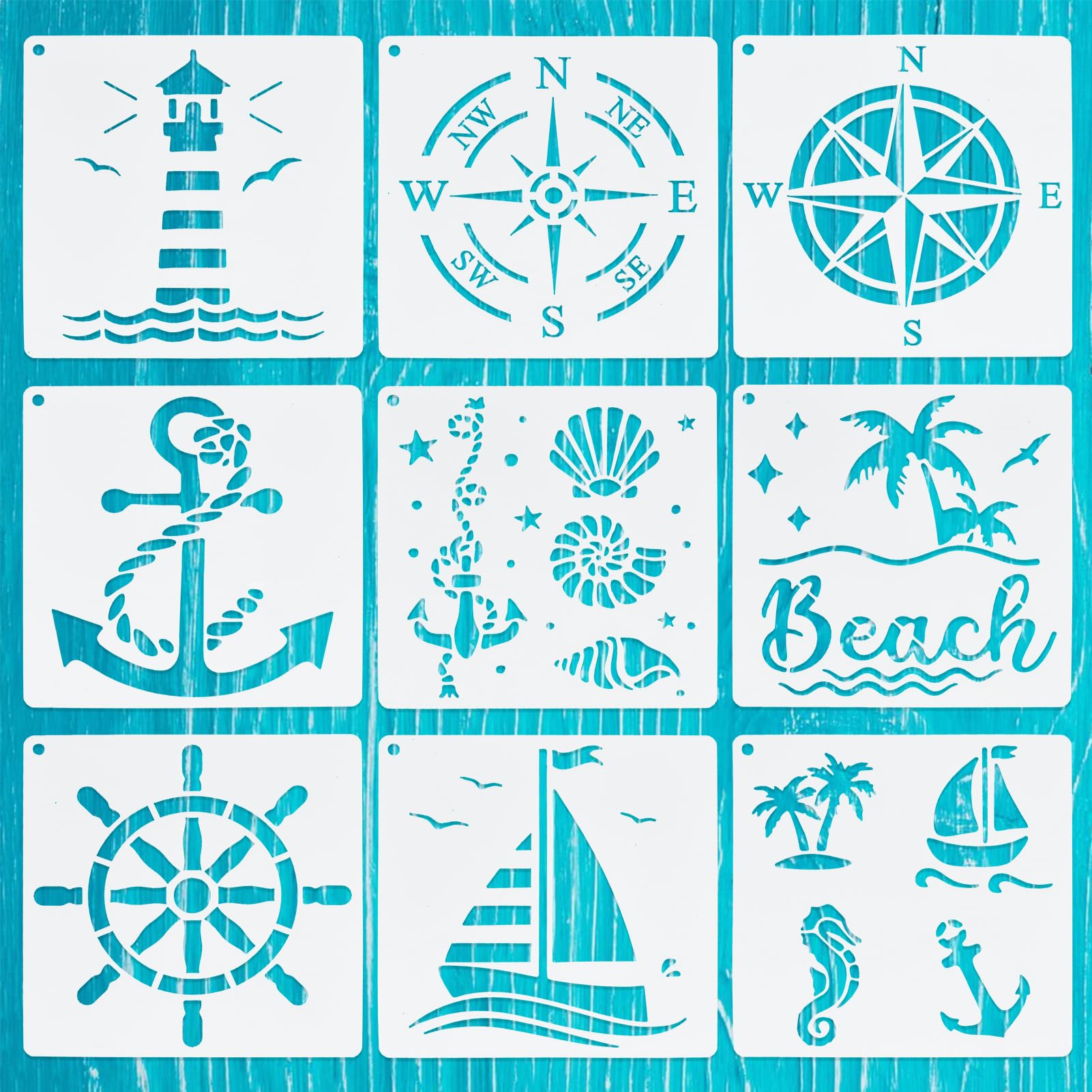 NICENEEDED 9 Pcs Nautical Theme Stencils, Sailboat, Anchor, Lighthouse & More, DIY Crafts