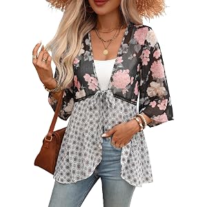 ZAFUL Women's Kimono Swimsuit Coverups Floral Lightweight Ruffle 3/4 Sleeve Floral Lightweight Cardigans Puff Sleeve